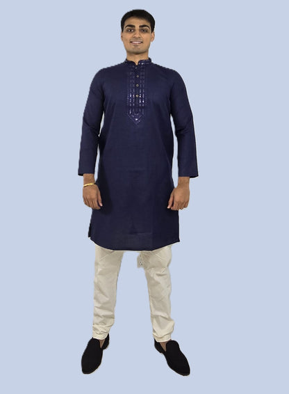 Men's navy blue or purple color kurta with embroidered neckline paired with white churidar, mandarin collar, side pockets, full sleeves - premium Indian formal wear for weddings and special occasions