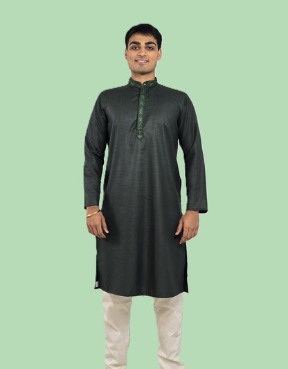 Men's bottle green kurta with embroidered neckline paired with white churidar, mandarin collar, side pockets, full sleeves - premium Indian formal wear for weddings and special occasions