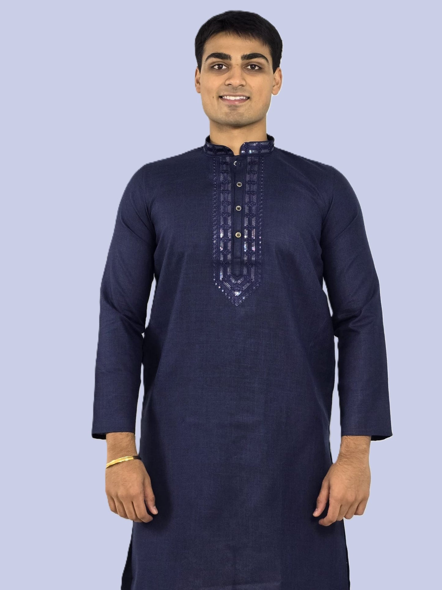 Men's navy blue or purple color kurta with embroidered neckline paired with white churidar, mandarin collar, side pockets, full sleeves - premium Indian formal wear for weddings and special occasions