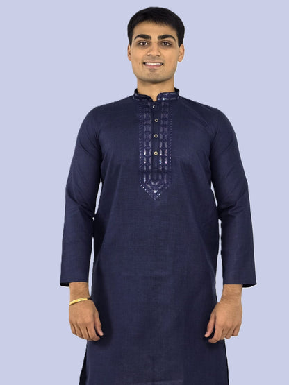 Men's navy blue or purple color kurta with embroidered neckline paired with white churidar, mandarin collar, side pockets, full sleeves - premium Indian formal wear for weddings and special occasions