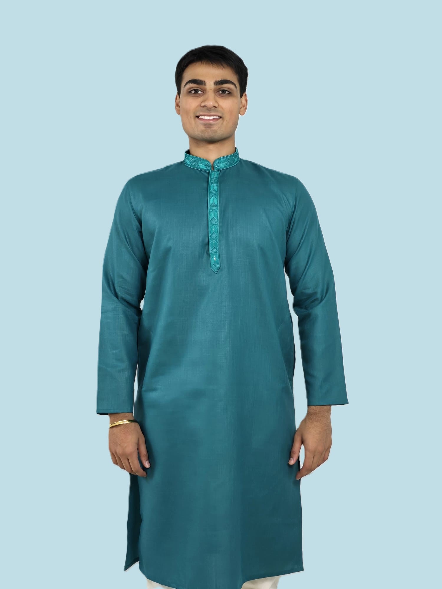 Men's blue kurta with embroidered neckline paired with white churidar, mandarin collar, side pockets, full sleeves - premium Indian formal wear for weddings and special occasions