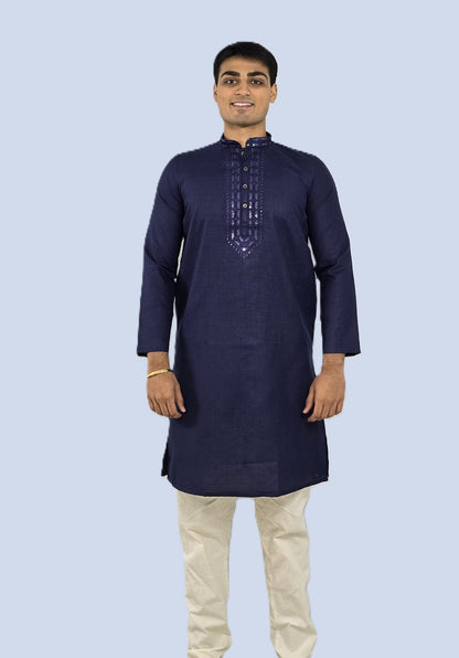 Men's navy blue or purple color kurta with embroidered neckline paired with white churidar, mandarin collar, side pockets, full sleeves - premium Indian formal wear for weddings and special occasions