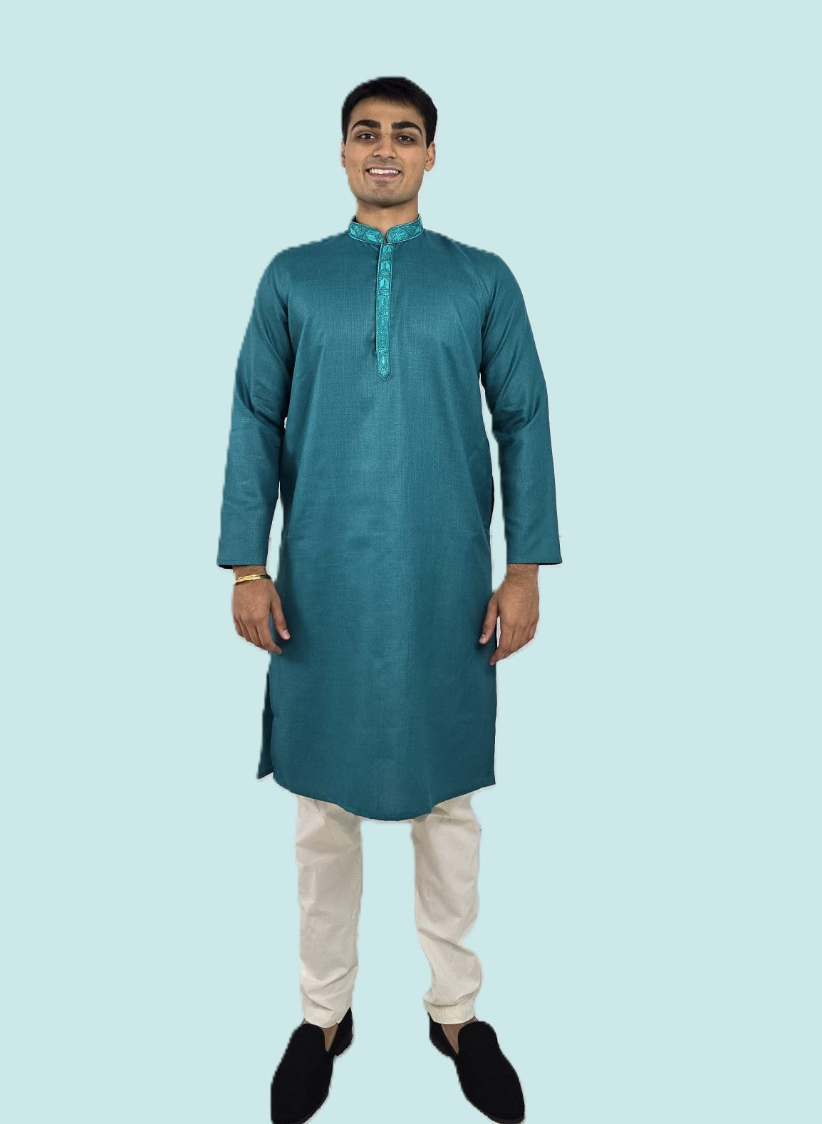 Men's blue kurta with embroidered neckline paired with white churidar, mandarin collar, side pockets, full sleeves - premium Indian formal wear for weddings and special occasions