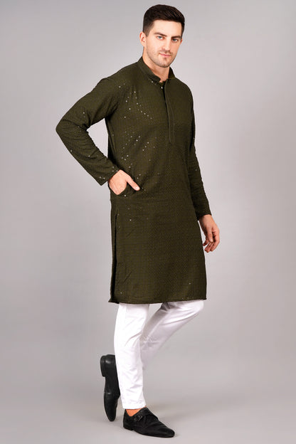 Men Henna Green Kurta with sequin, full length, button closure, one fourth placket, full sleeves, mandarin collar, side pockets, traditional wear for festivals, family occasions, wedding, house warming, casual wear
