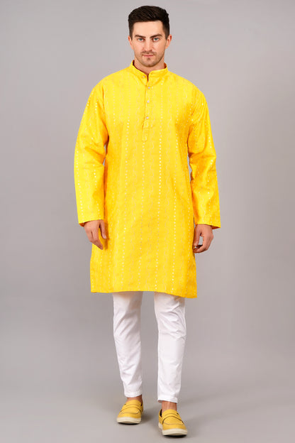 Men Yellow Kurta with sequin, full length, button closure, one fourth placket, full sleeves, mandarin collar, side pockets, traditional wear for festivals, family occasions, wedding, house warming, casual wear