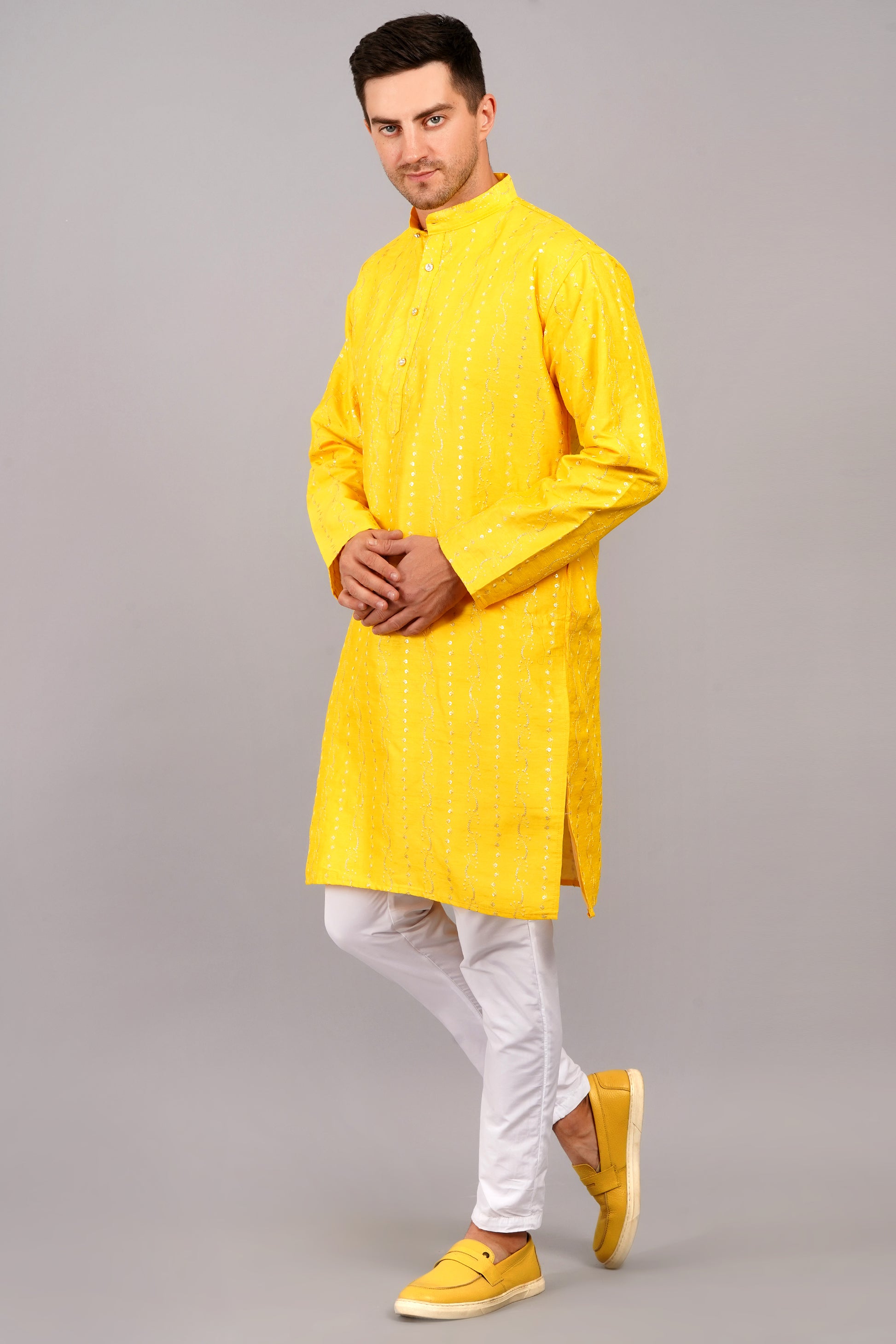 Men Yellow Kurta with sequin, full length, button closure, one fourth placket, full sleeves, mandarin collar, side pockets, traditional wear for festivals, family occasions, wedding, house warming, casual wear