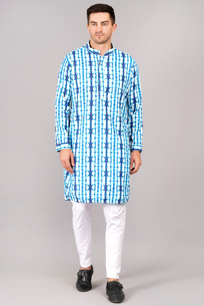 Men's blue and white tie-dye kurta with tasteful sequin work - contemporary Indian ethnic wear for casual wear and social gatherings