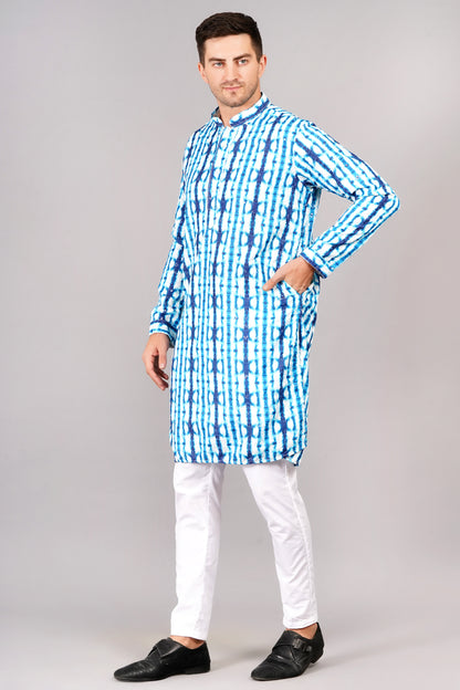 Men's blue and white tie-dye kurta with tasteful sequin work - contemporary Indian ethnic wear for casual wear and social gatherings