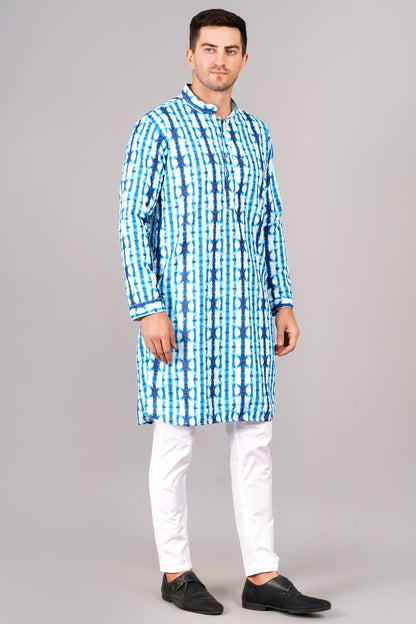 Men's blue and white tie-dye kurta with tasteful sequin work - contemporary Indian ethnic wear for casual wear and social gatherings