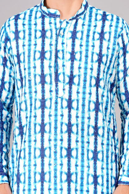 Men's blue and white tie-dye kurta with tasteful sequin work - contemporary Indian ethnic wear for casual wear and social gatherings