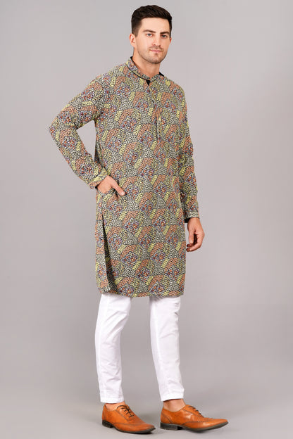 Men's multi-color kurta, mandarin collar, side pockets, full sleeves - casual and social occasions men's wear