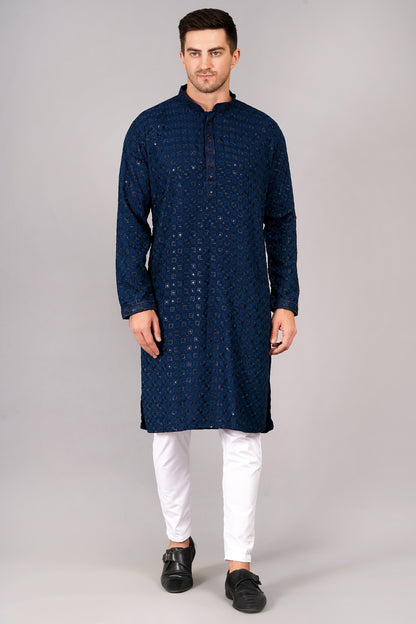 Men Navy Blue Kurta with sequin, full length, button closure, one fourth placket, full sleeves, mandarin collar, side pockets, traditional wear for festivals, family occasions, wedding, house warming, casual wear