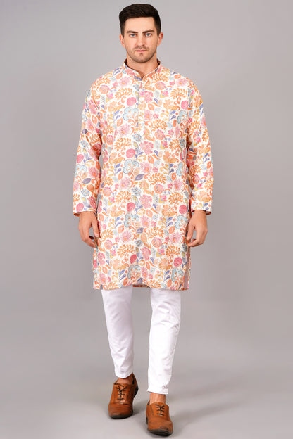 Men kurta with floral embroidery,  mandarin collar, full sleeves - traditional Indian casual wear for social occasions