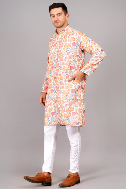 Men kurta with floral embroidery,  mandarin collar, full sleeves - traditional Indian casual wear for social occasions
