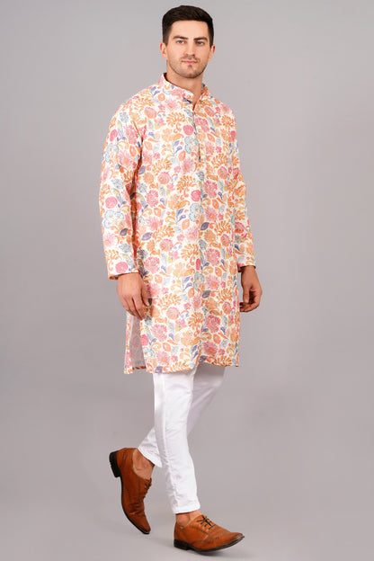 Men kurta with floral embroidery,  mandarin collar, full sleeves - traditional Indian casual wear for social occasions