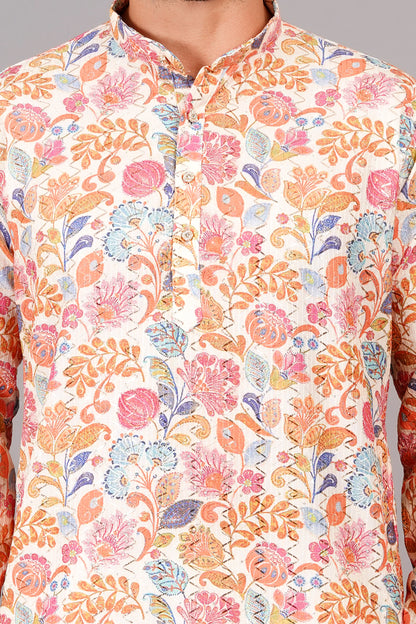 Men kurta with floral embroidery,  mandarin collar, full sleeves - traditional Indian casual wear for social occasions