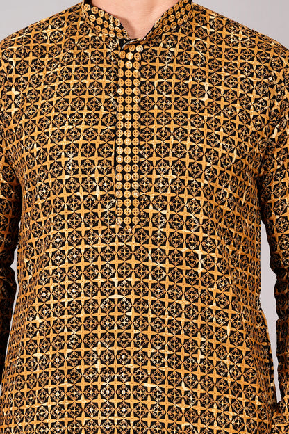 Men's mustard kurta with black threadwork, mandarin collar, side pockets, full sleeves - casual and social occasions men's wear