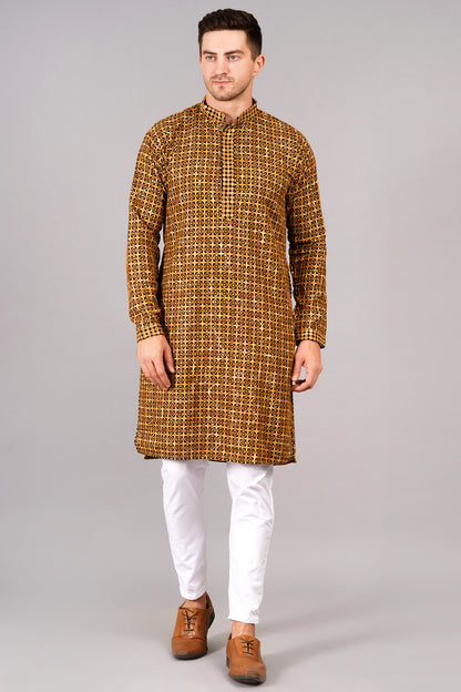 Men's mustard kurta with black threadwork, mandarin collar, side pockets, full sleeves - casual and social occasions men's wear