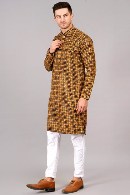 Men's mustard kurta with black threadwork, mandarin collar, side pockets, full sleeves - casual and social occasions men's wear