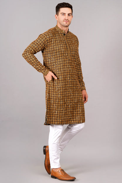 Men's mustard kurta with black threadwork, mandarin collar, side pockets, full sleeves - casual and social occasions men's wear