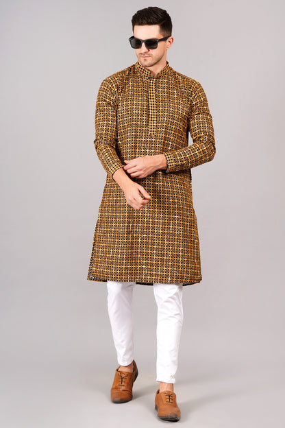 Men's mustard kurta with black threadwork, mandarin collar, side pockets, full sleeves - casual and social occasions men's wear
