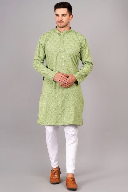 Men light green color Kurta with sequin, full length, button closure, one fourth placket, full sleeves, mandarin collar, side pockets, traditional ethnic wear for festivals, family occasions, wedding, house warming, casual wear