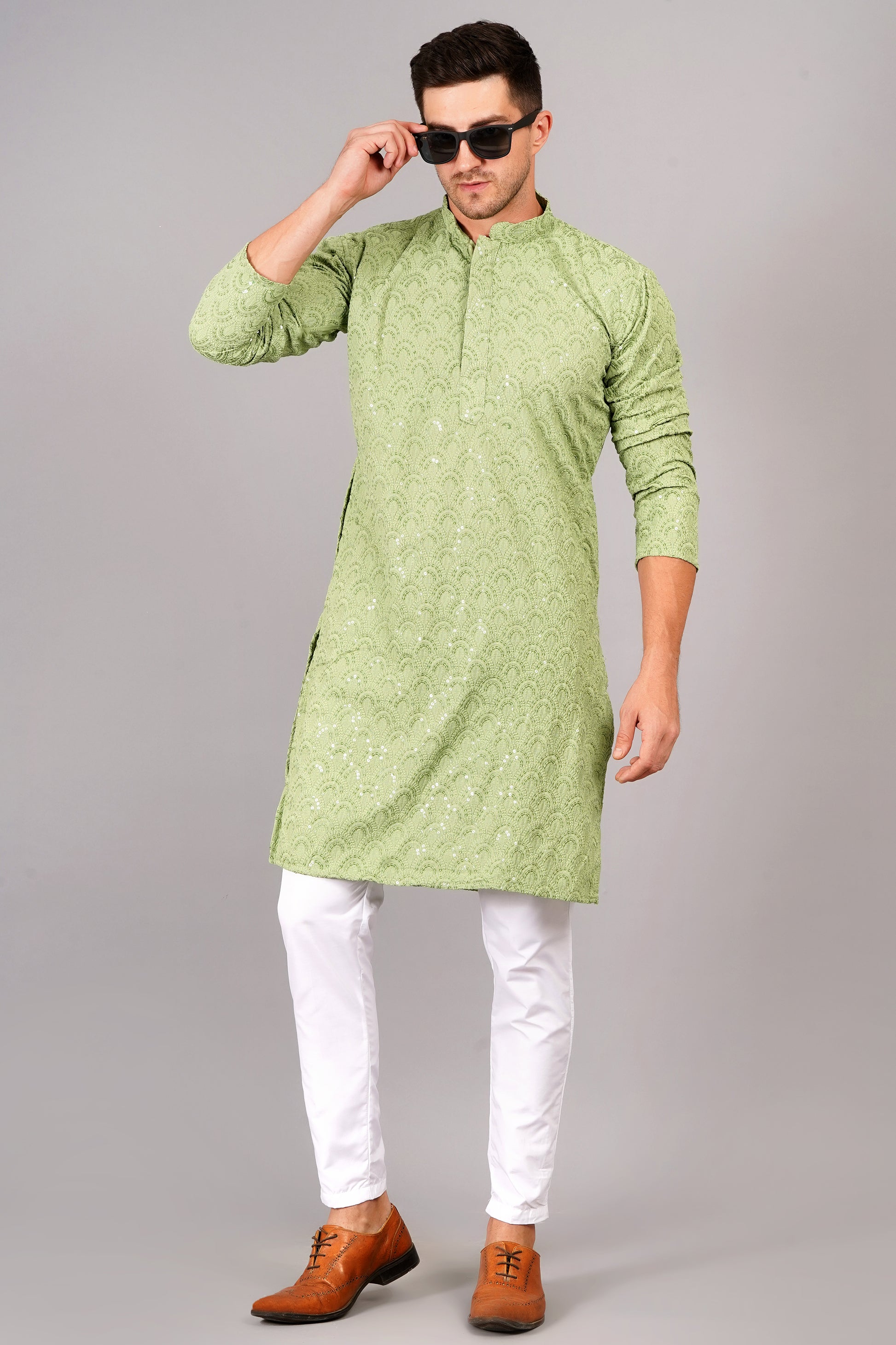 Men light green color Kurta with sequin, full length, button closure, one fourth placket, full sleeves, mandarin collar, side pockets, traditional ethnic wear for festivals, family occasions, wedding, house warming, casual wear
