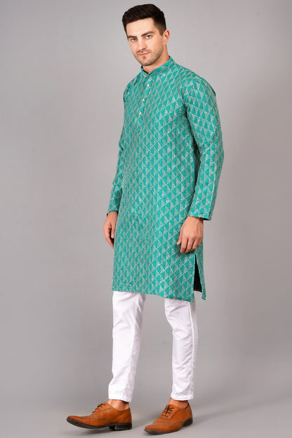 Men light blue or turquoise blue color Kurta with sequin, full length, button closure, one fourth placket, full sleeves, mandarin collar, side pockets, traditional ethnic wear for festivals, family occasions, wedding, house warming, casual wear