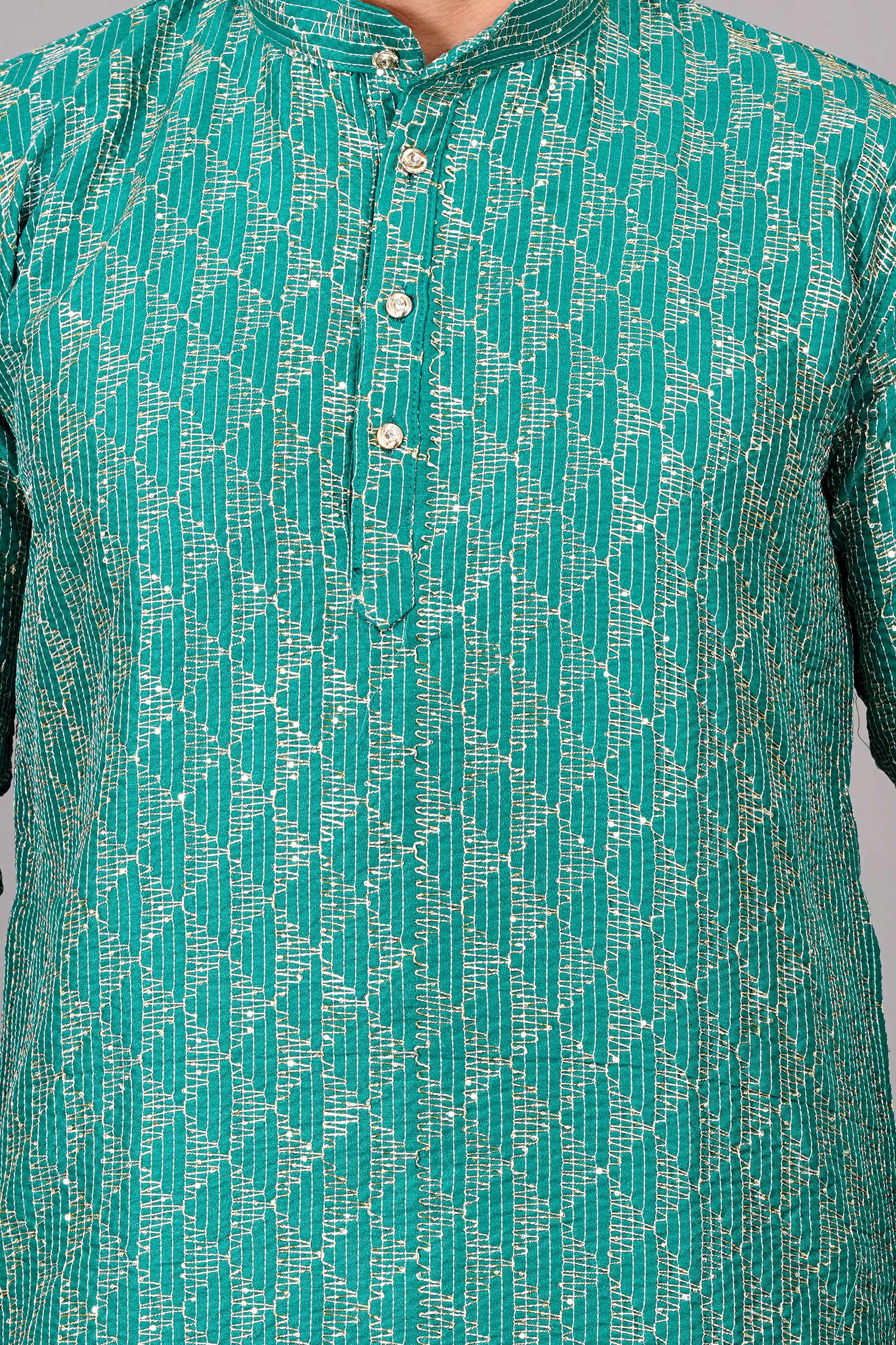 Men light blue or turquoise blue color Kurta with sequin, full length, button closure, one fourth placket, full sleeves, mandarin collar, side pockets, traditional ethnic wear for festivals, family occasions, wedding, house warming, casual wear