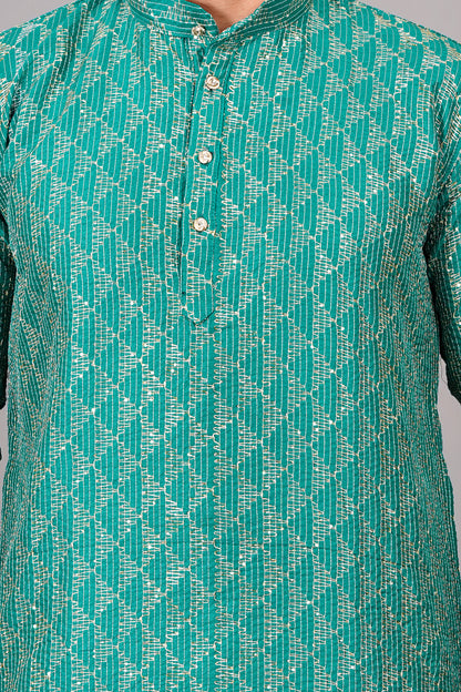 Men light blue or turquoise blue color Kurta with sequin, full length, button closure, one fourth placket, full sleeves, mandarin collar, side pockets, traditional ethnic wear for festivals, family occasions, wedding, house warming, casual wear