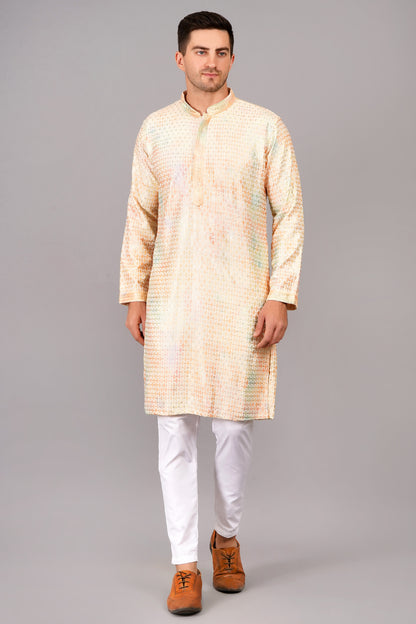 Men's beige kurta with multi-color texture, mandarin collar, side pockets, full sleeves - casual and social occasions traditional men's wear