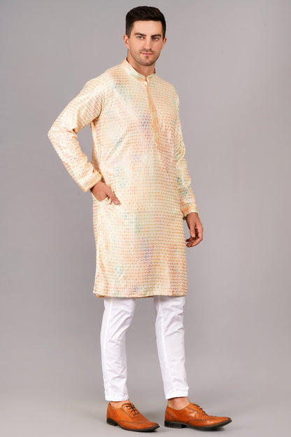 Men's beige kurta with multi-color texture, mandarin collar, side pockets, full sleeves - casual and social occasions traditional men's wear
