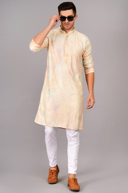 Men's beige kurta with multi-color texture, mandarin collar, side pockets, full sleeves - casual and social occasions traditional men's wear