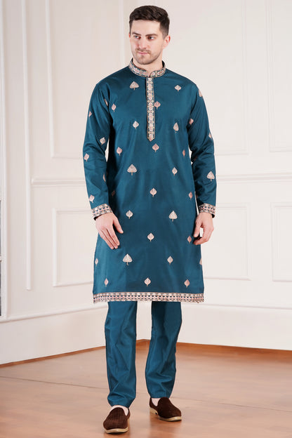 Premium Men Kurta with embroidered floral motifs and stole | Wedding wear