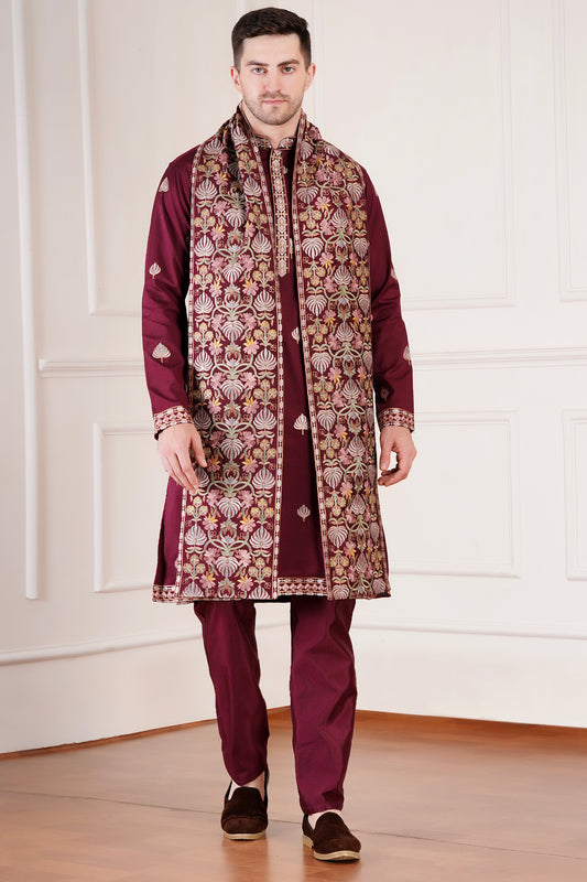 Premium Men Kurta with embroidered floral motifs and stole | Wedding wear