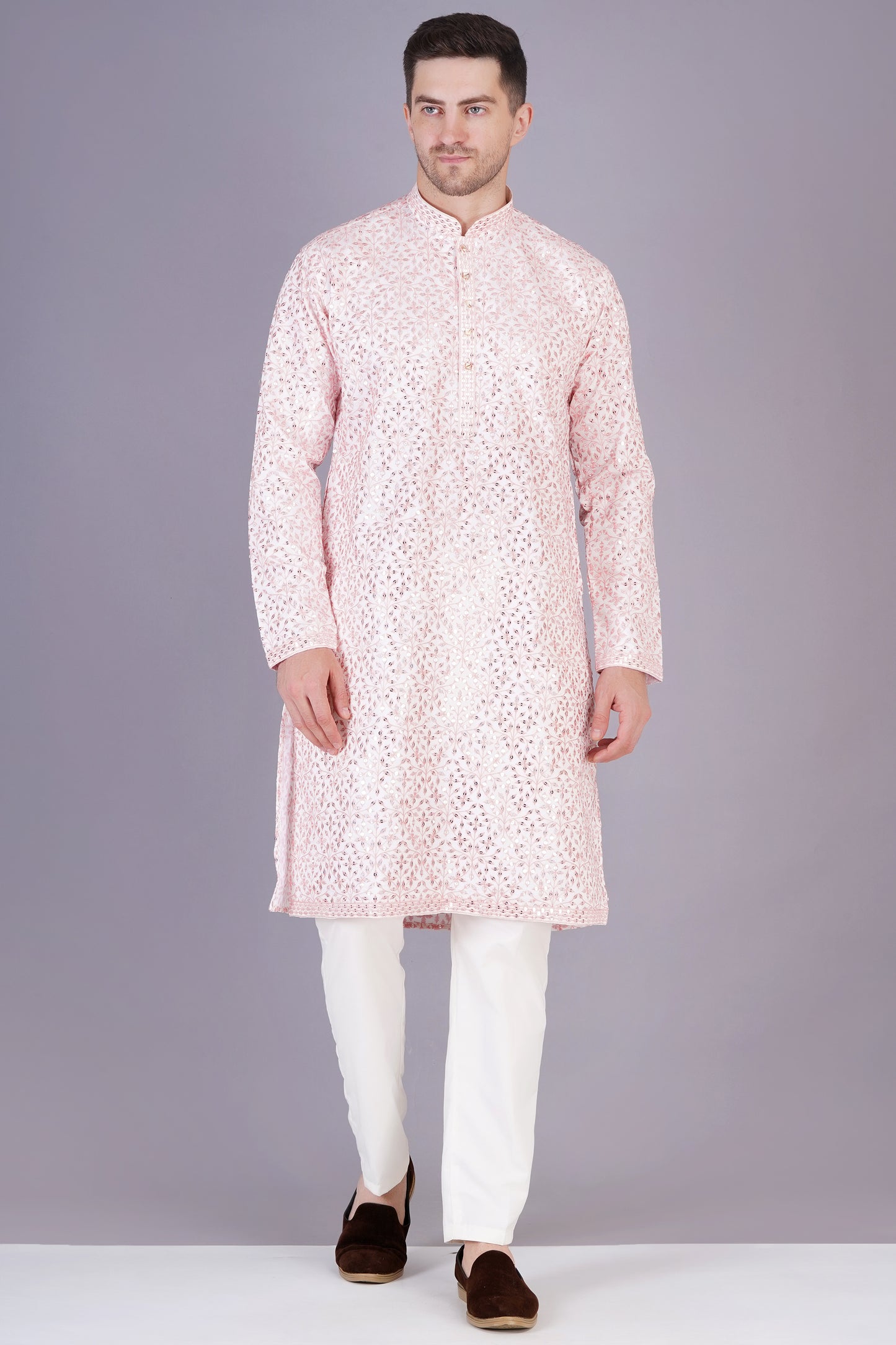 Men Light Pink Kurta with floral embroidery | Traditional festive wear