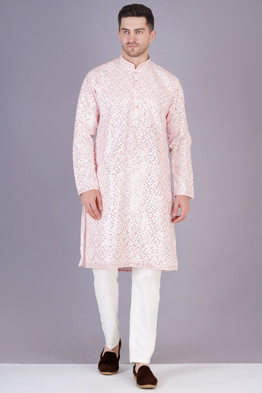 Men Light Pink Kurta with floral embroidery | Traditional festive wear