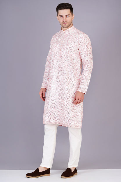 Men Light Pink Kurta with floral embroidery | Traditional festive wear