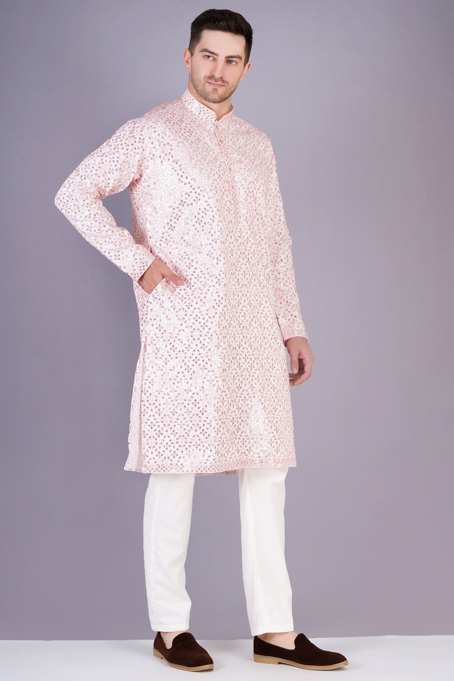 Men Light Pink Kurta with floral embroidery | Traditional festive wear