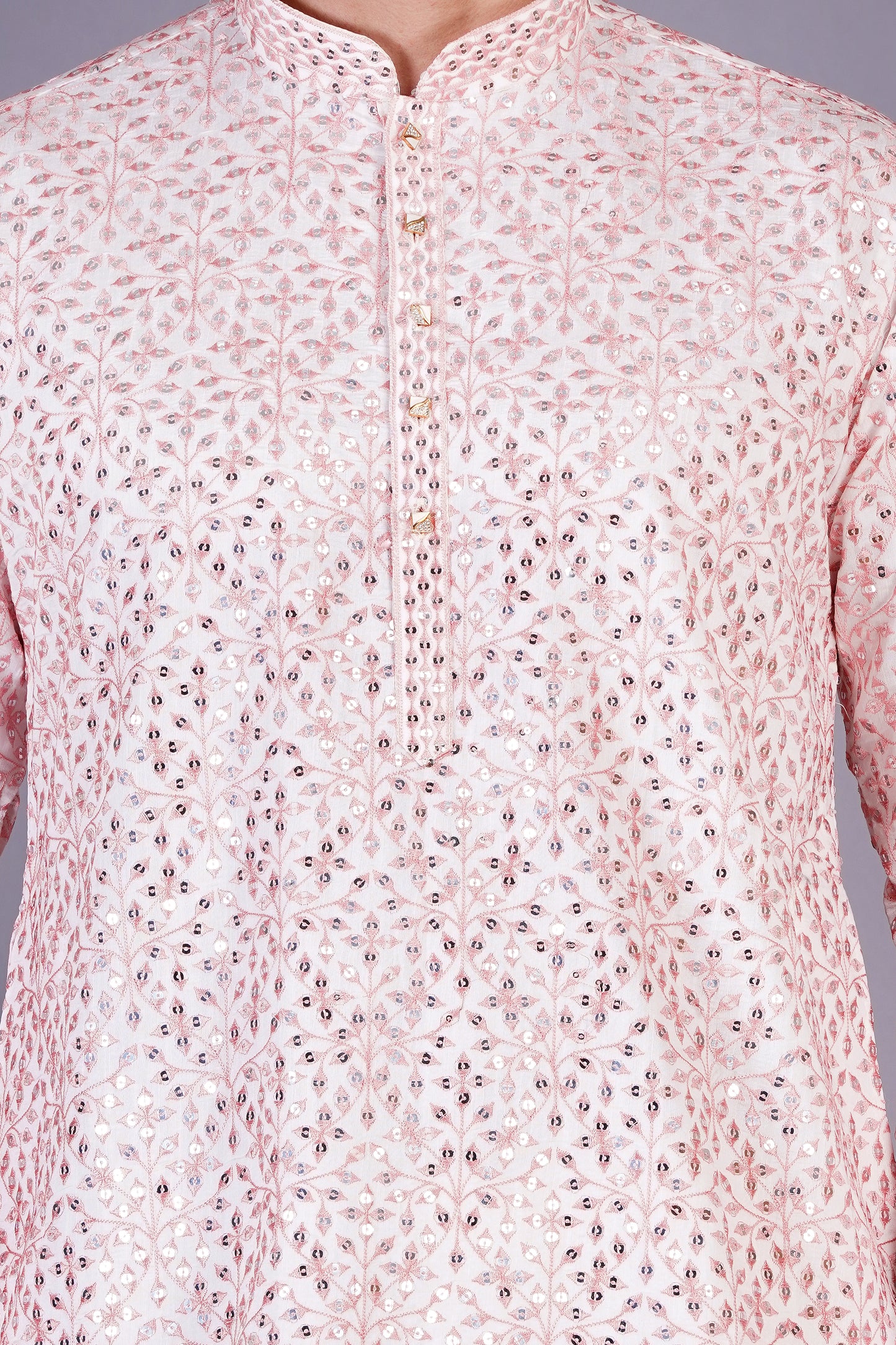 Men Light Pink Kurta with floral embroidery | Traditional festive wear