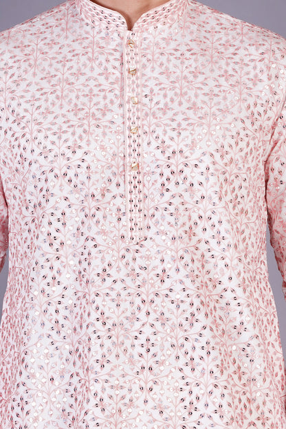 Men Light Pink Kurta with floral embroidery | Traditional festive wear