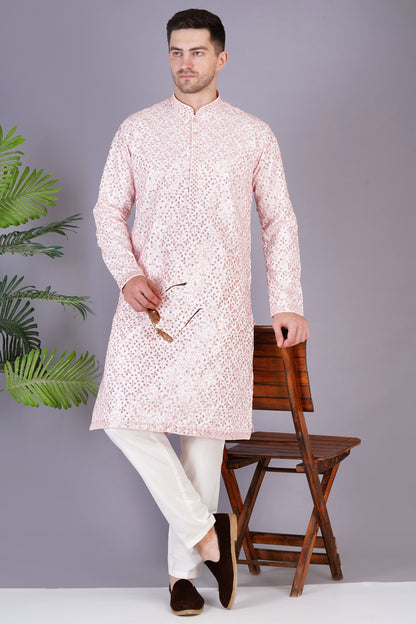 Men Light Pink Kurta with floral embroidery | Traditional festive wear