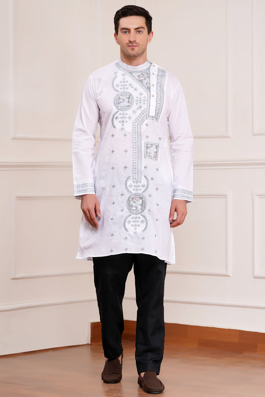 Men's white kurta with detailed gray embroidery in front and cuffs, side pockets, side button closure, Bengal Kurta design - traditional Indian ethnic wear for Durga Pooja, Diwali and festive occasions