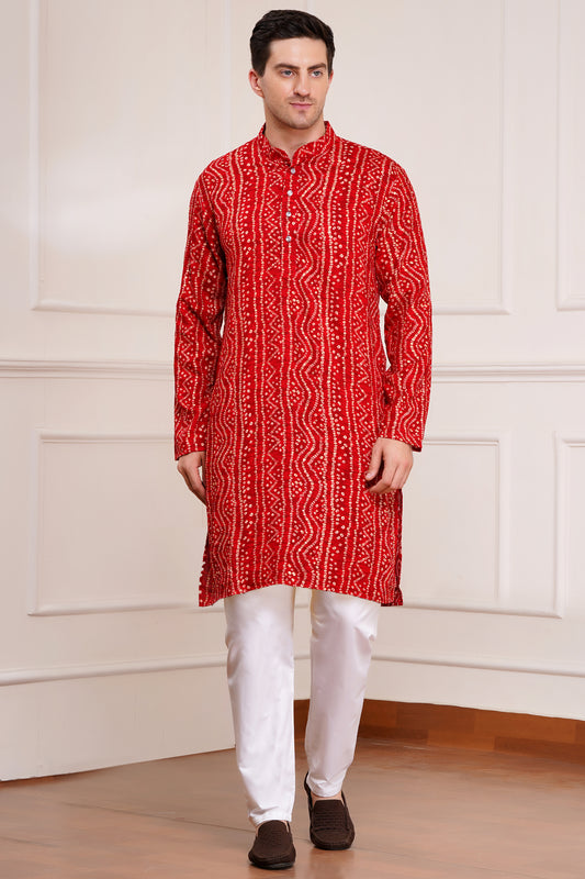 Men red authentic bandhej kurta with white patterns, mandarin collar, button closure, side pockets - traditional Indian ethnic wear for social and festive occasions