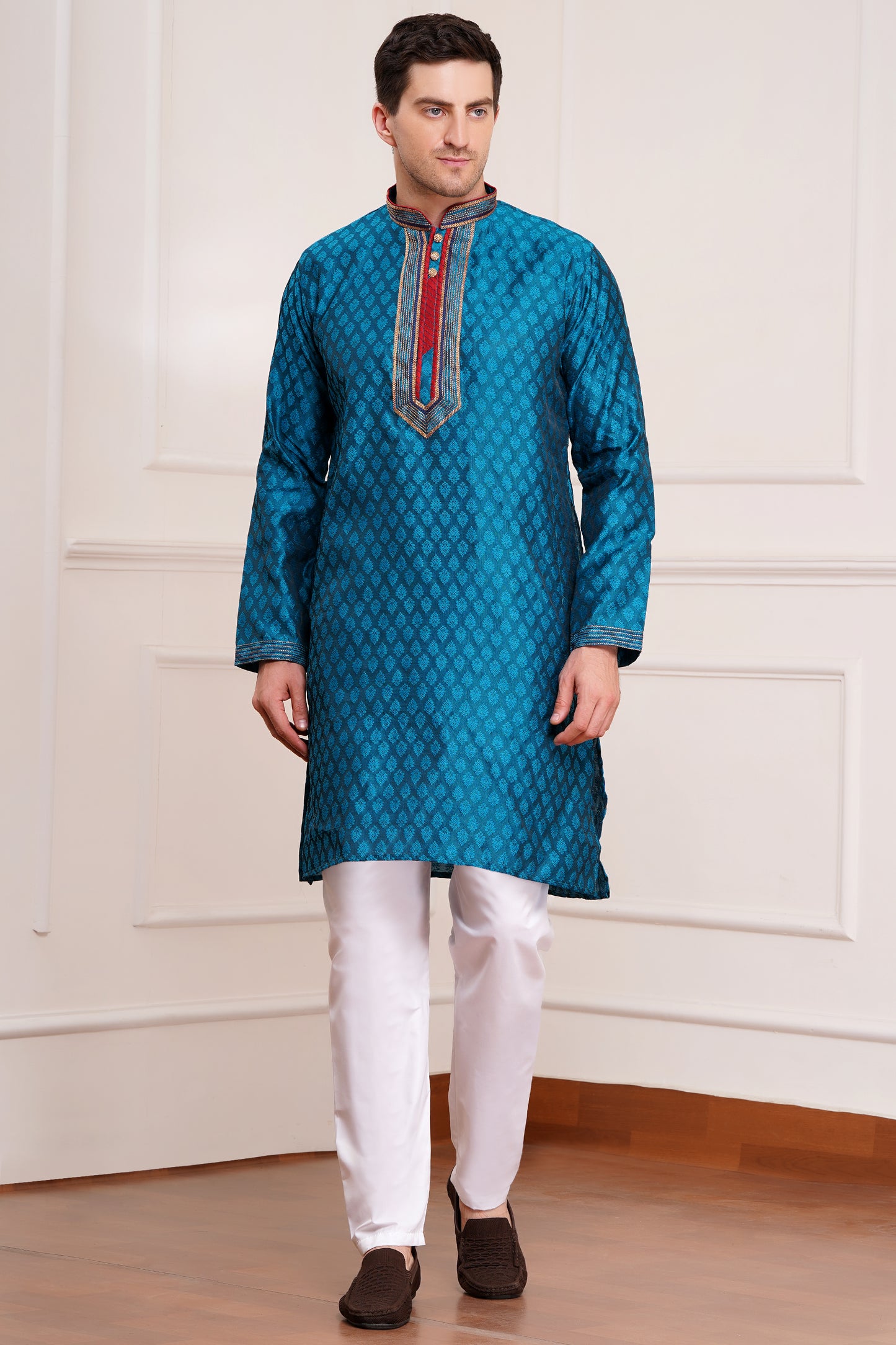 Men's teal blue brocade kurta with red and gold embroidered neckline paired with white churidar, mandarin collar, side pockets, full sleeves - premium Indian formal wear for weddings and special occasions