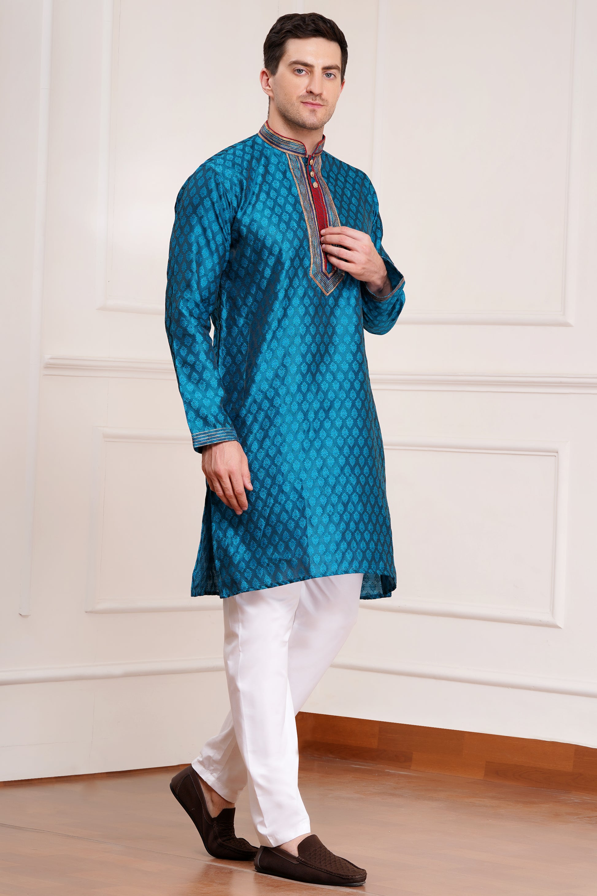 Men's teal blue brocade kurta with red and gold embroidered neckline paired with white churidar, mandarin collar, side pockets, full sleeves - premium Indian formal wear for weddings and special occasions