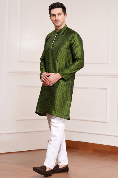 Men's bright green / henna silk kurta with gold brocade diamond pattern and white churidar pants, decorative buttons with loop closure, mandarin collar, full sleeves, side pockets - traditional Indian festive wear
