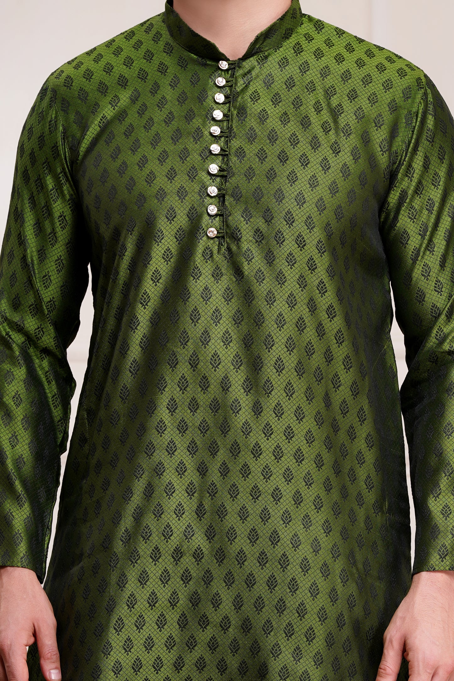 Men's bright green / henna silk kurta with gold brocade diamond pattern and white churidar pants, decorative buttons with loop closure, mandarin collar, full sleeves, side pockets - traditional Indian festive wear