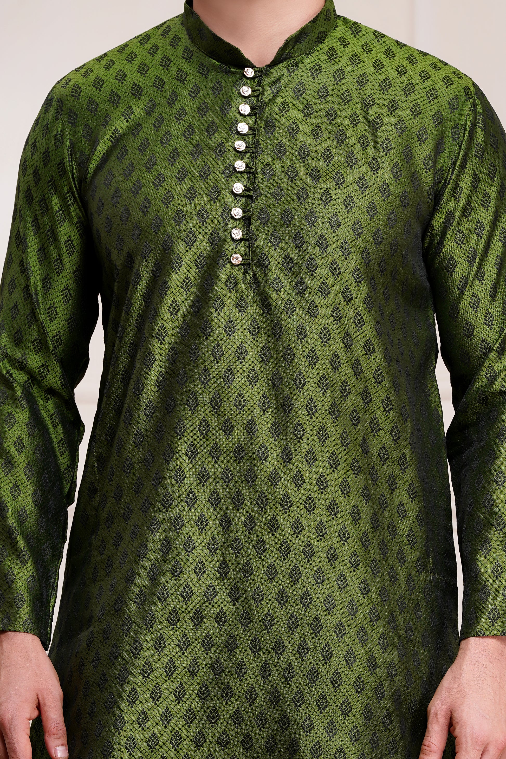 Men's bright green / henna silk kurta with gold brocade diamond pattern and white churidar pants, decorative buttons with loop closure, mandarin collar, full sleeves, side pockets - traditional Indian festive wear