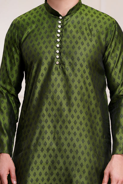 Men's bright green / henna silk kurta with gold brocade diamond pattern and white churidar pants, decorative buttons with loop closure, mandarin collar, full sleeves, side pockets - traditional Indian festive wear